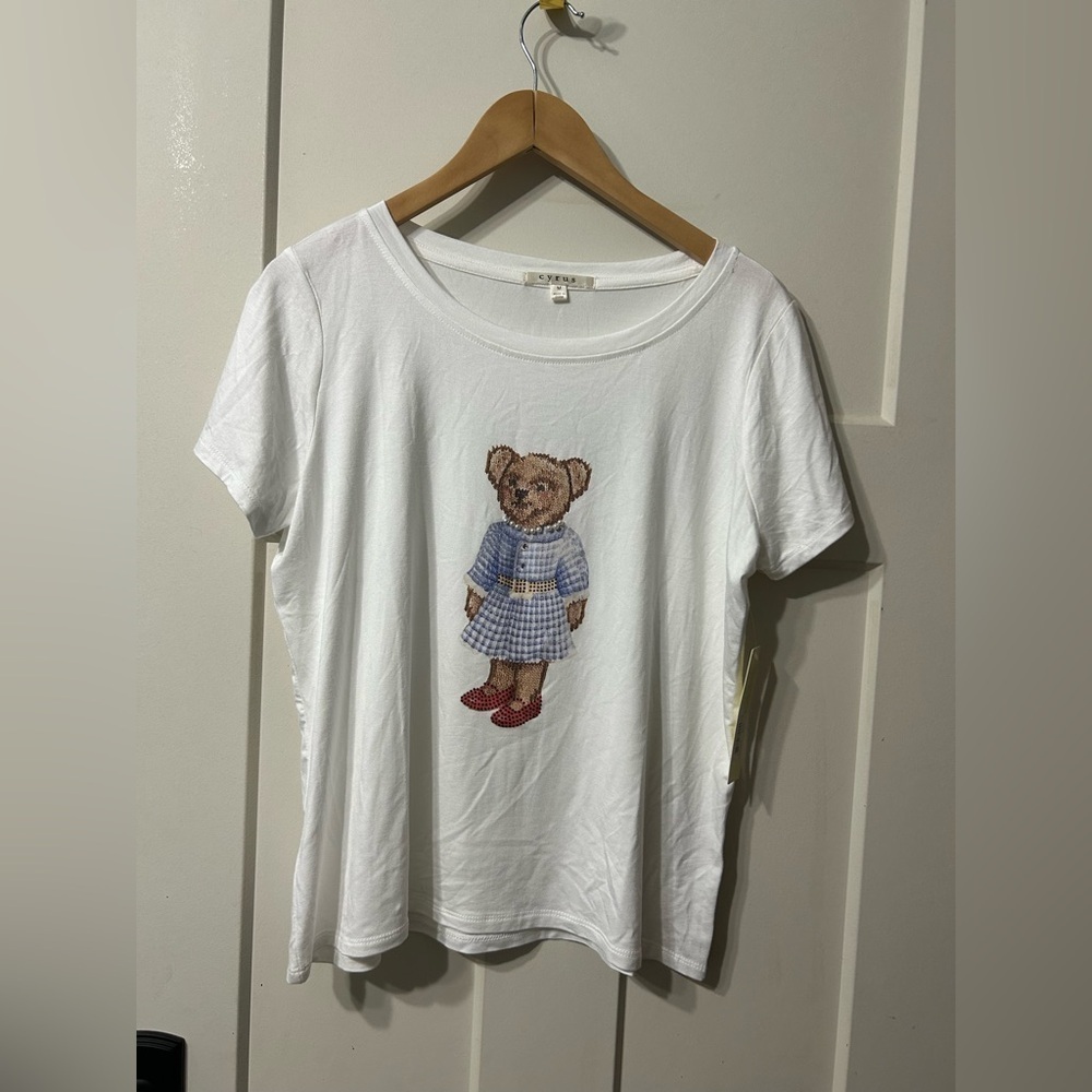 Cyrus White Bone luxury Tee with Teddy Bear Design pearl & bling embellishments